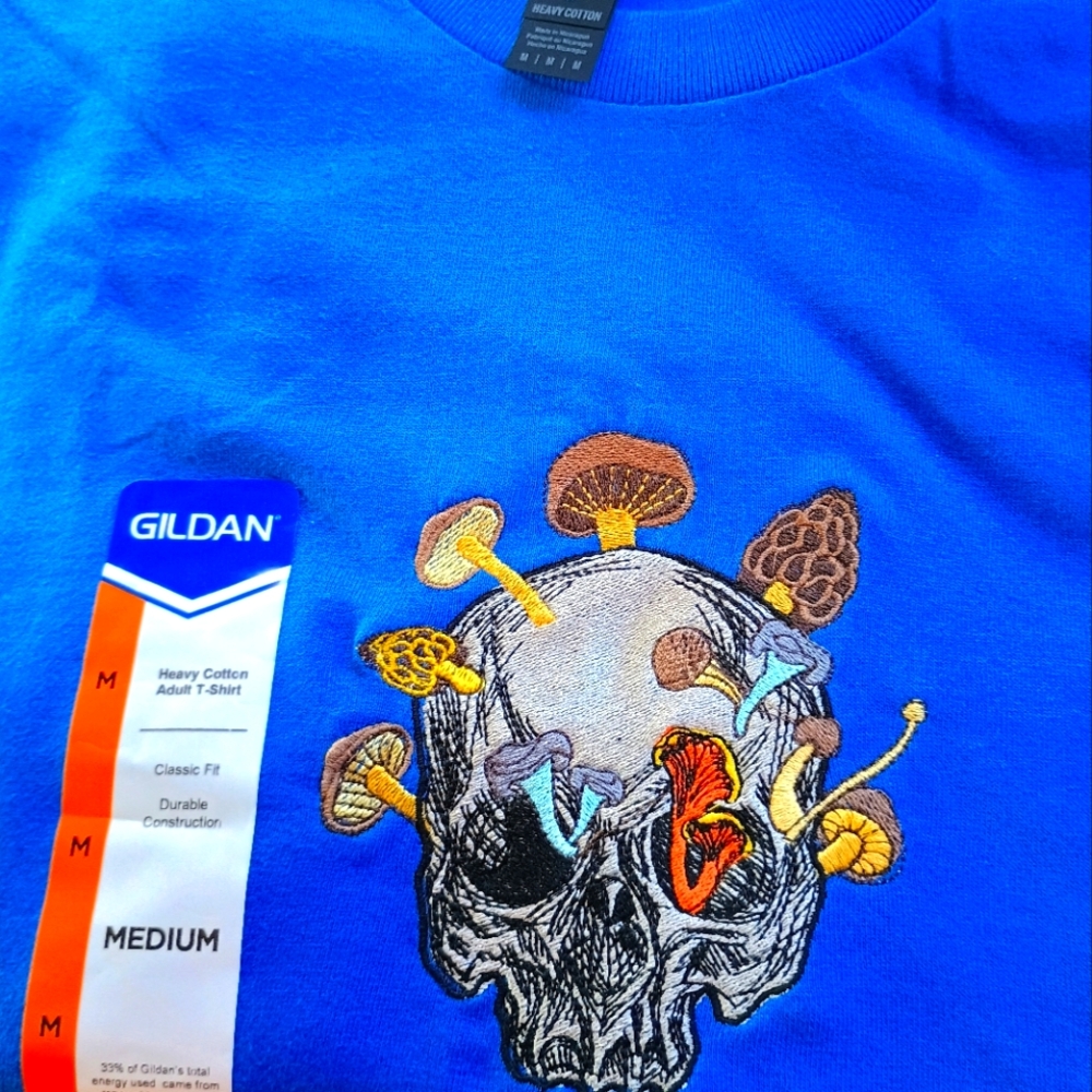 Embroidered Gildan Blue T-Shirt with Skull and Mushroom Design
